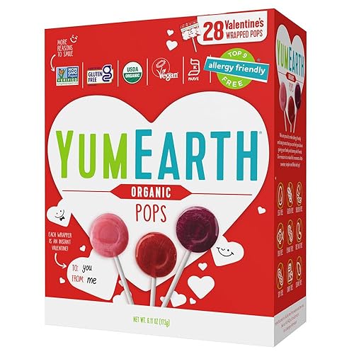 YumEarth Organic Pops Paquete variado de San Valentín, paletas frutales, aperitivos sin gluten para niños, aptas para alérgicos, sin OMG, sin