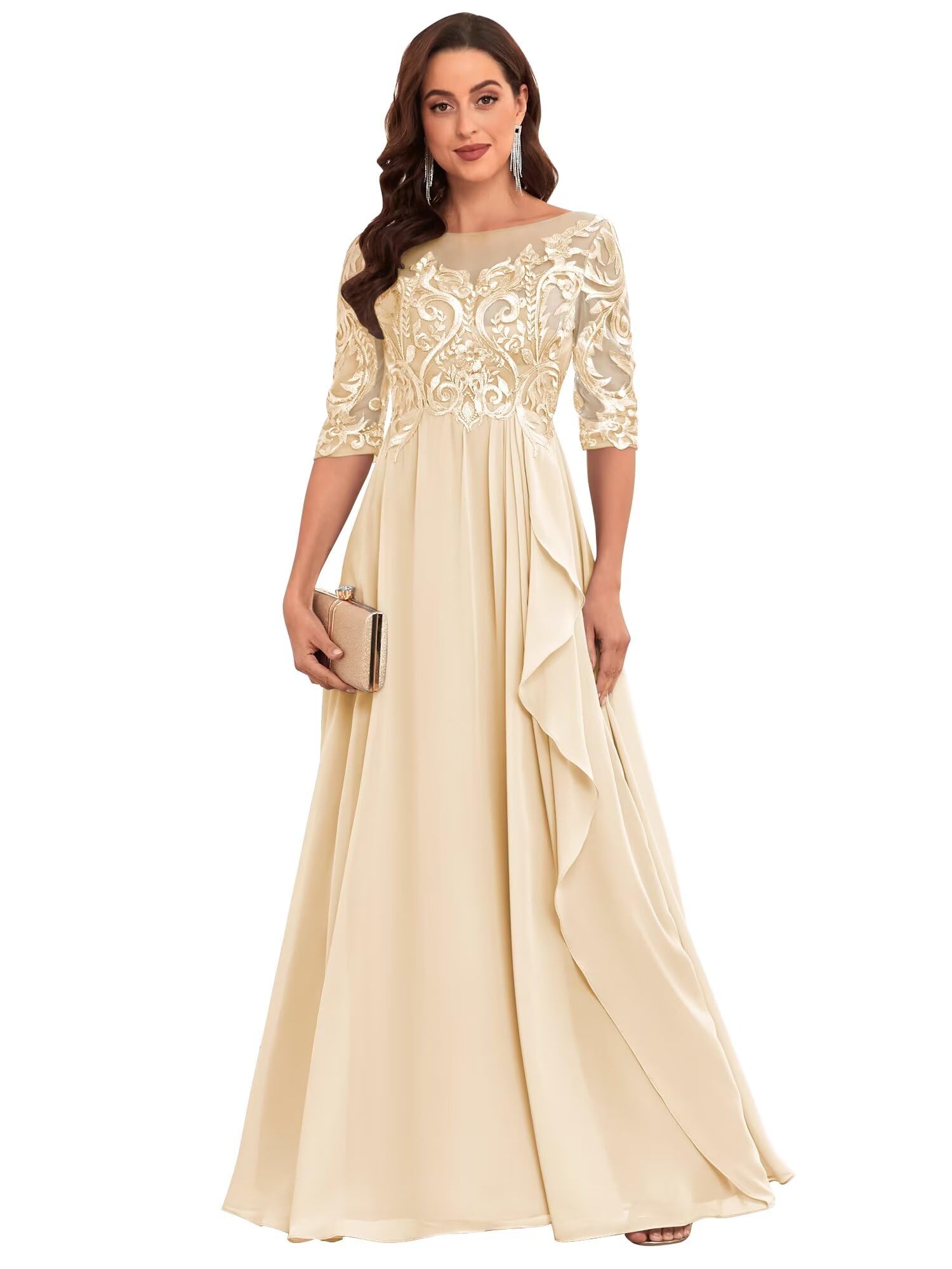 HTBVGO Chiffon Lace Mother of The Bride Dresses for Women Long Elegant Ruffle Formal Evening Gown with Sleeves