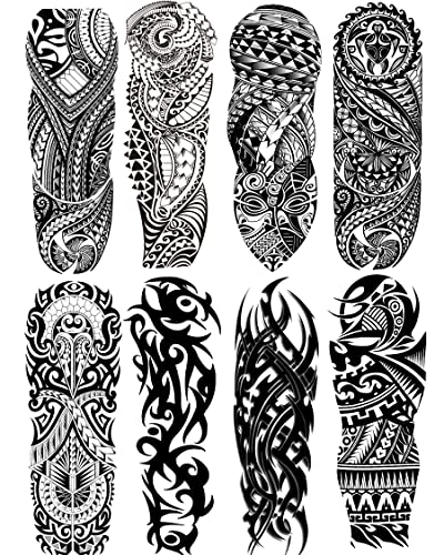 PADOUN Tribal Tattoo Sleeves for Men, 8-Sheet Large Temporary Tattoos Women Black Totem Sleeve Tattoos, Waterproof Realistic Full Sleeve Temporary Tattoos Fake Tattoo