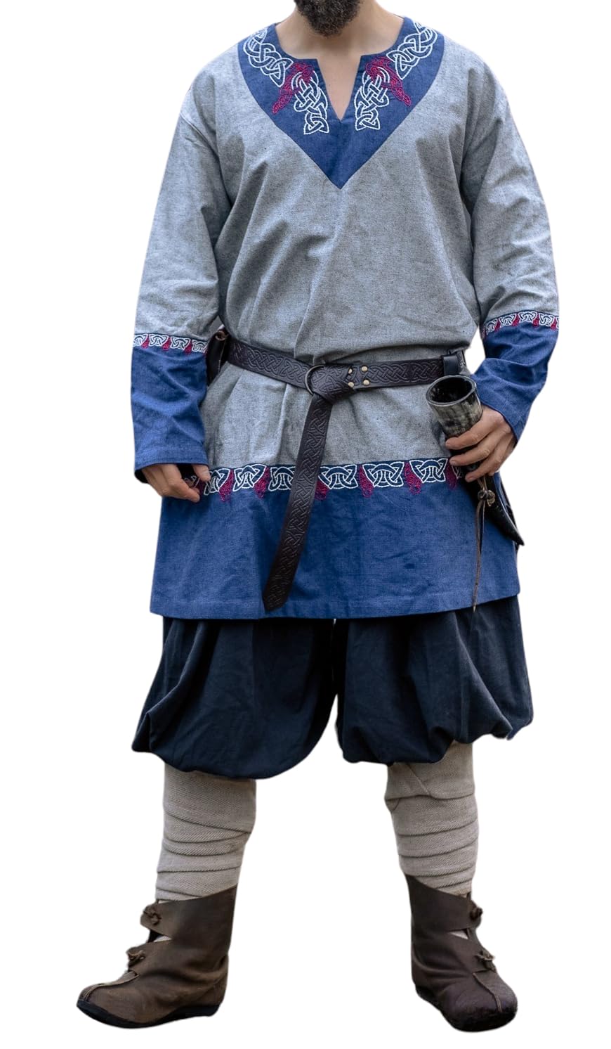 Leonardo Carbone® Freydis Unisex Tunic, Hand Embroidery, V-Neck, Carnival, Halloween, Cosplay, LARP, Medieval, Viking, Costume, Robe, 100% Cotton, gray, S/M