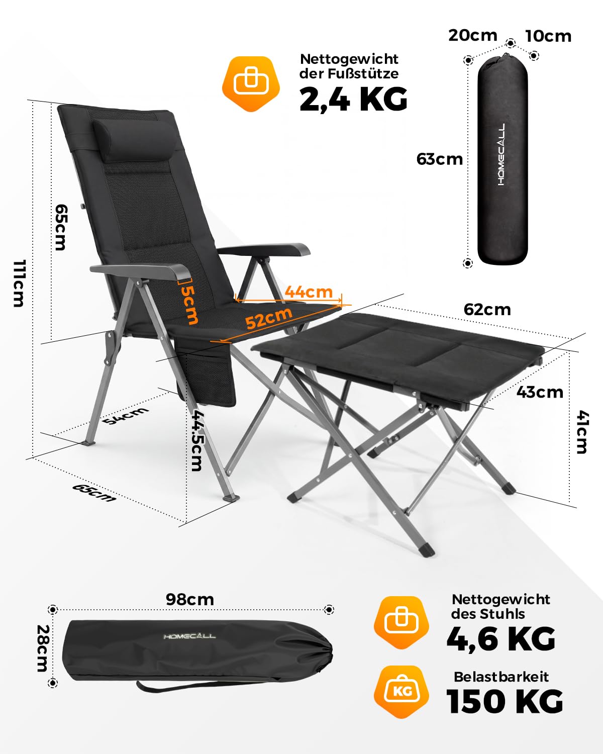 Homecall Krzesło kempingowe, składane, obciążenie 150 kg, z wysokim oparciem, luksusowe krzesło kempingowe z 4 pozycjami, regulowane o grubości 4,5 cm, tapicerowane krzesło wędkarskie (krzesło i