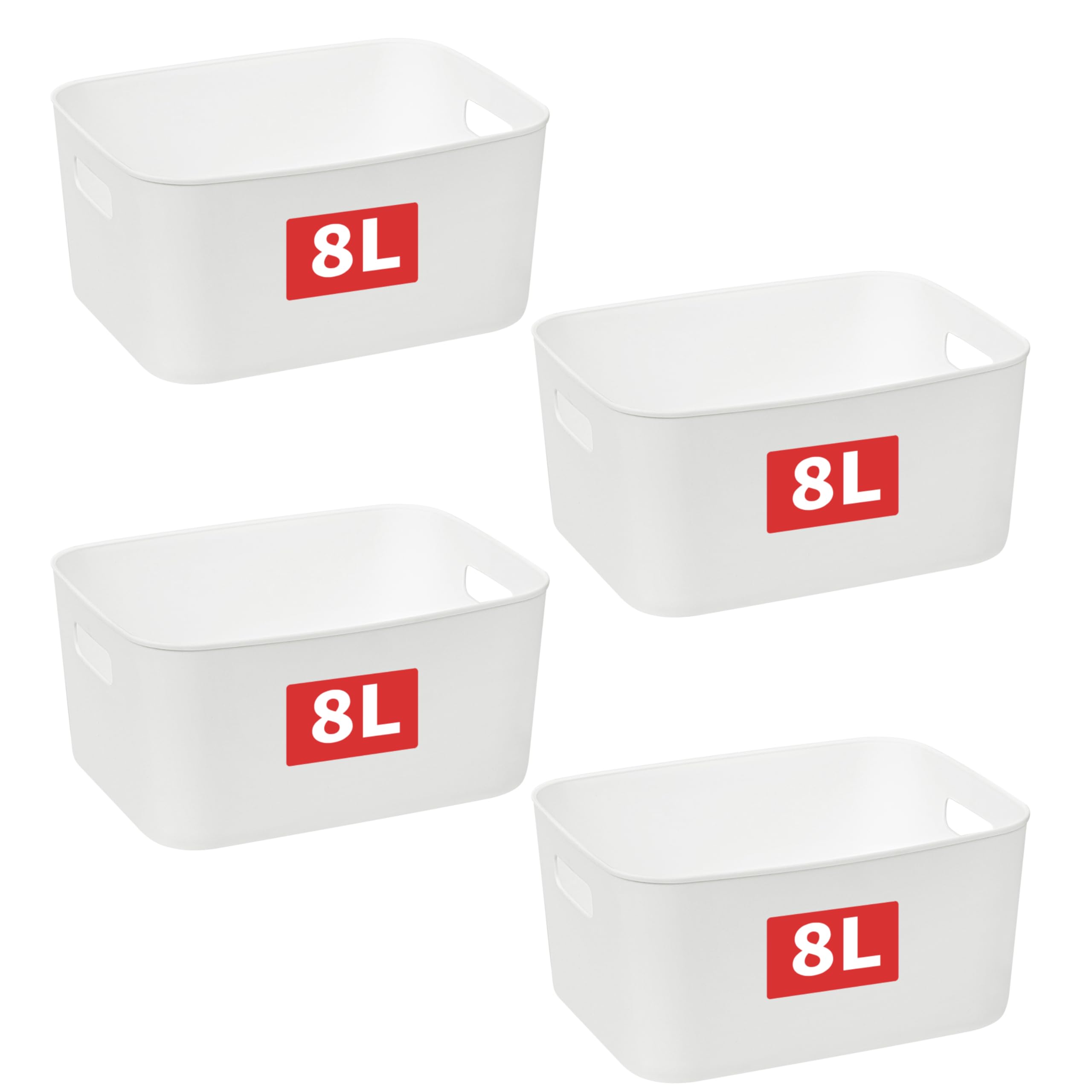 Cetomo 8L*4 Storage Basket, Plastic Open Storage Box, Containers for Shelves, Organizers with Handles for Office, Countertops, Cabinets, PP, BPA Free, White, 8L-4 Pack (28.5*22*14cm)