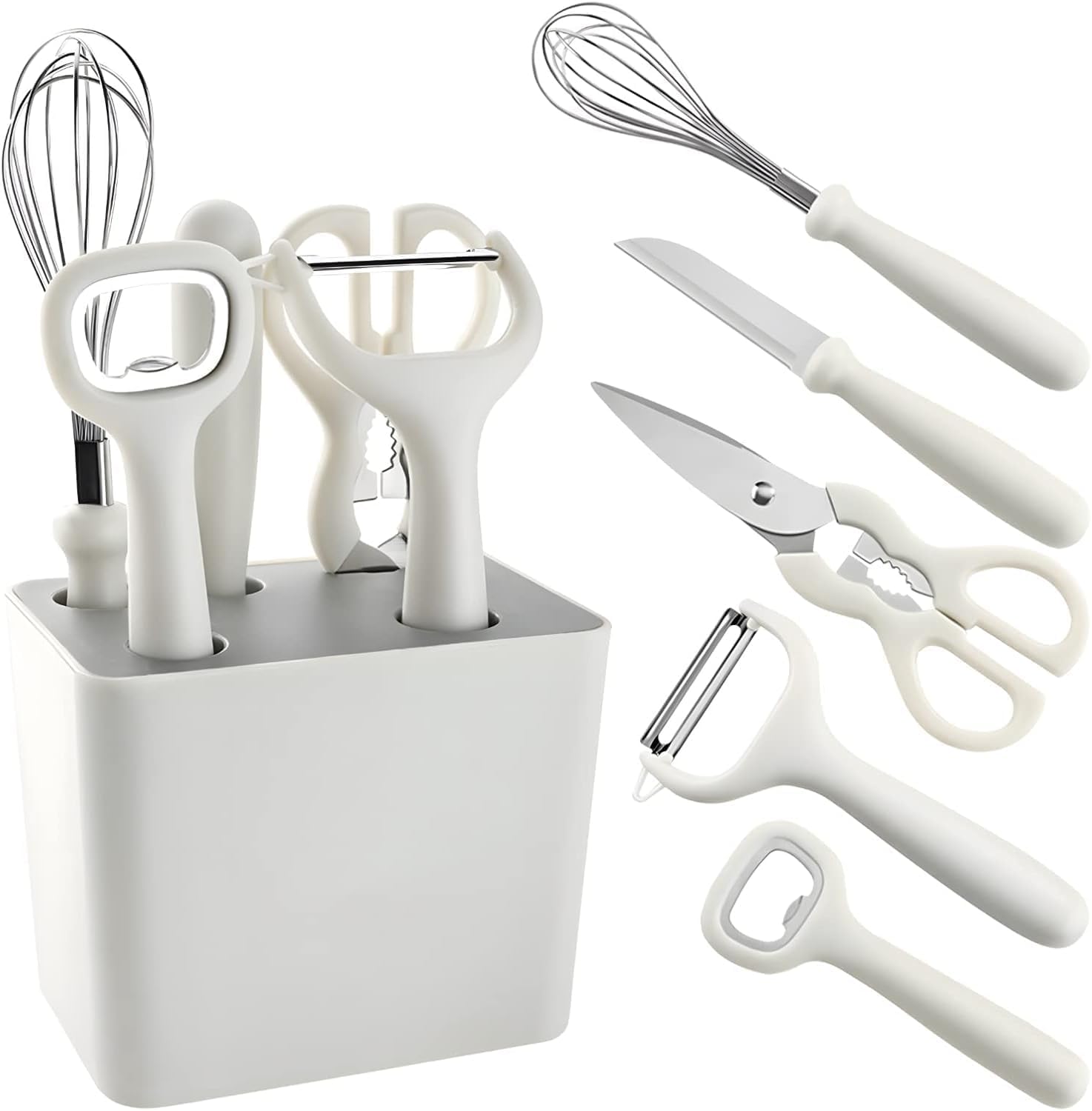 6 Piece Kitchen Cooking Utensils Set, Home and Kitchen Gadgets, Kitchen Scissors, Kitchen Utensils Set with Holder, Paring Knife, Whisk, Bottle Opener, Peeler