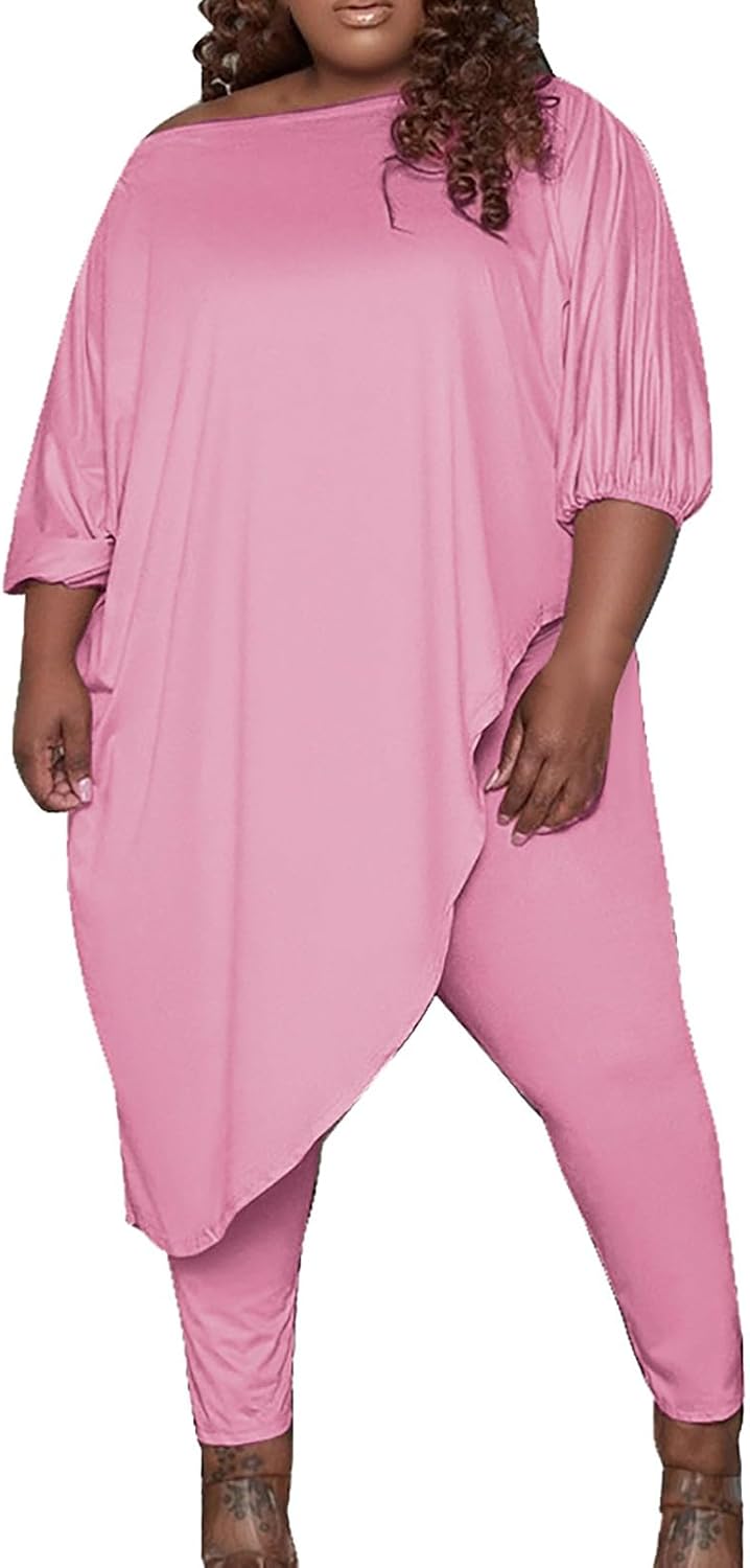 ZYXTIM Oversized 2 Piece Outfits for Women Off The Shoulder Long Sleeve Shirts High Waist Pants Plus Size Tight Trousers Set
