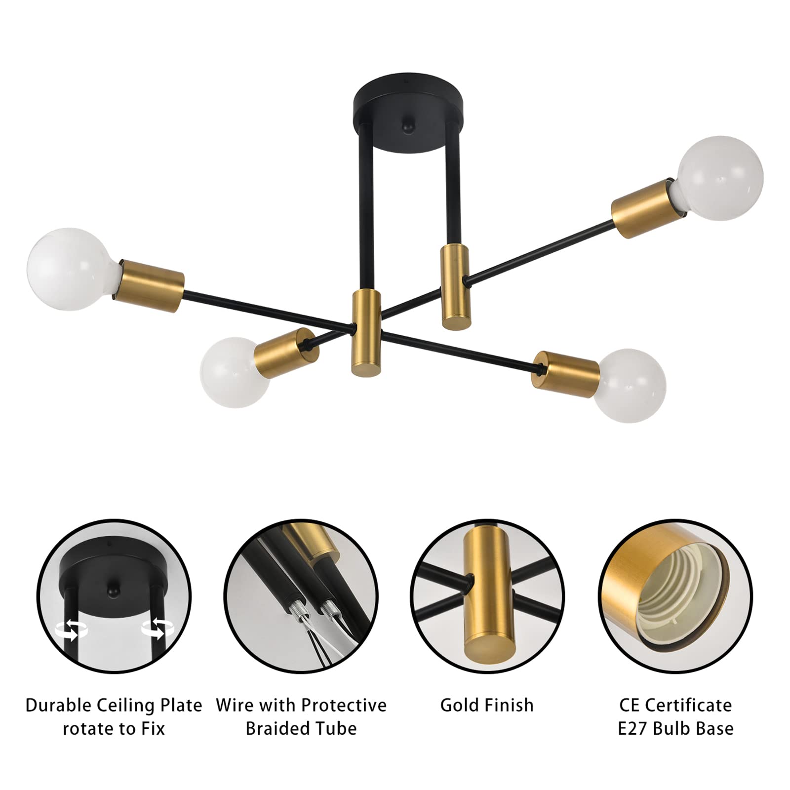 ZYDTRIP Deckenleuchte Vintage, Sputnik Kronleuchter Industrial Modern Hängelampe für Wohnzimmer Esszimmer Flur Restaurant Hotel, 4 Flammig Gold E27