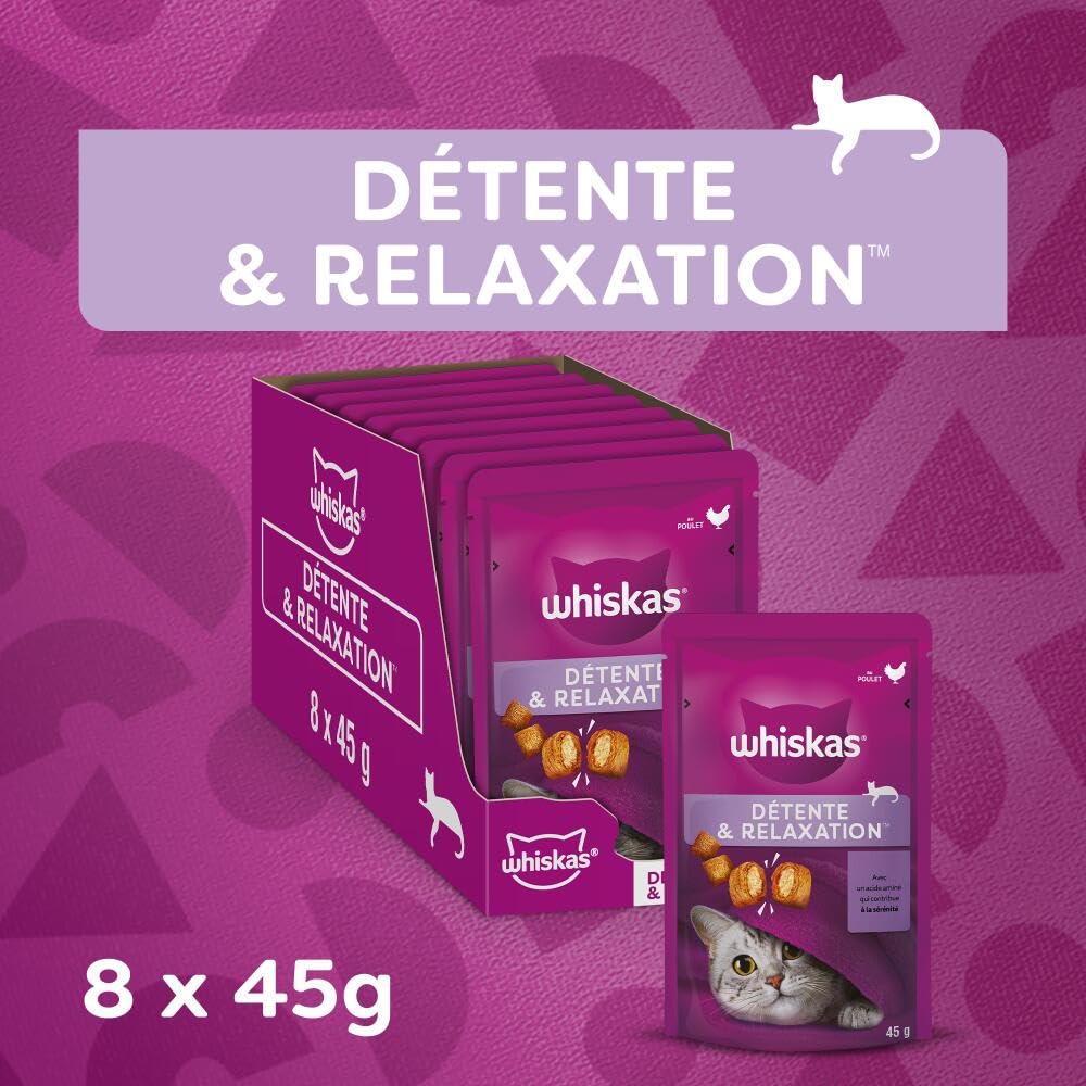 WHISKAS Relax Unwind Détente Relaxation - Friandises au Poulet Aliment complémentaire pour Chat Adulte - 8 Packs de 45g