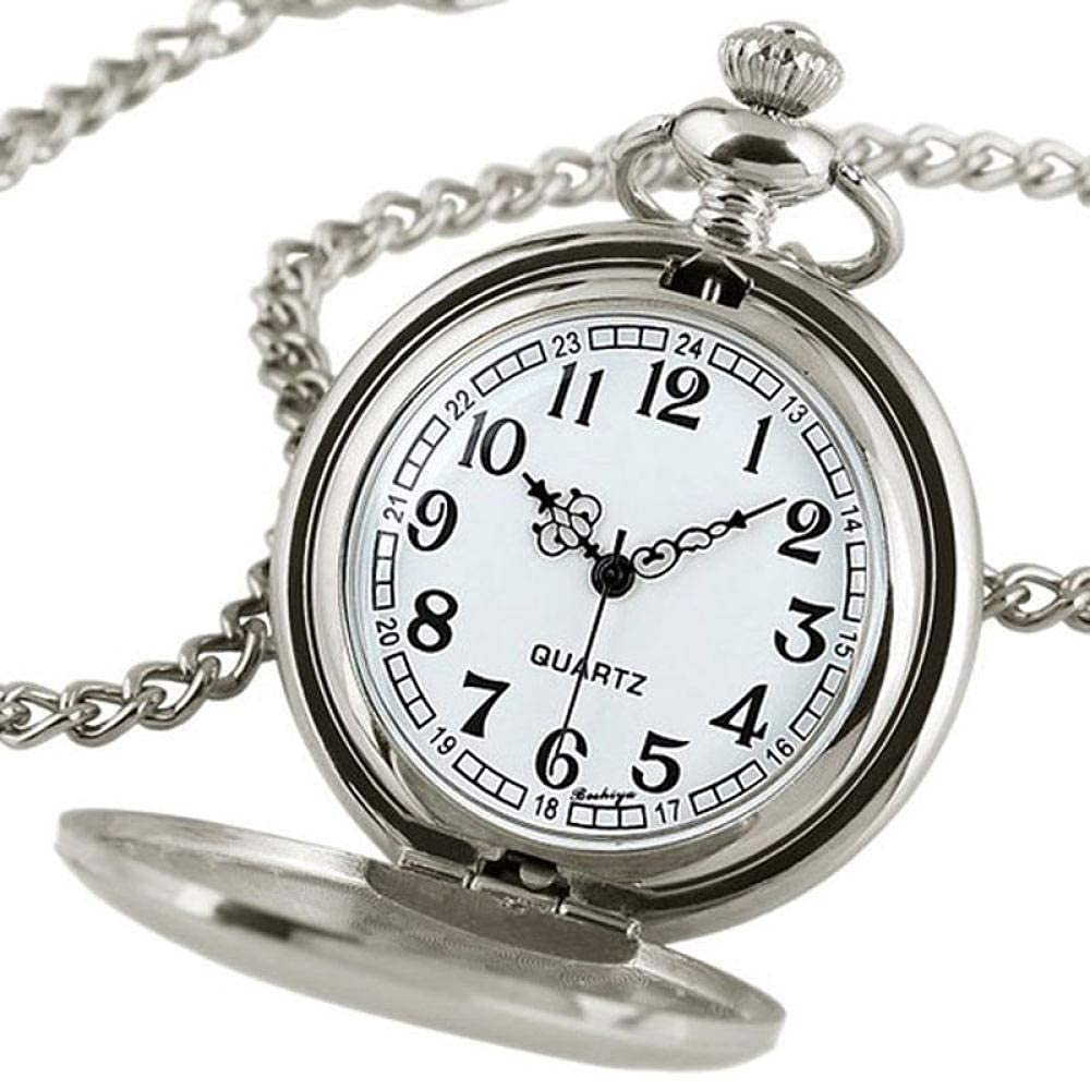 QUNINE Relojes de Bolsillo clásicos con Colgante de Cuarzo Vintage, Reloj de Bolsillo de Plata Pura Steampunk Personalizado, Collar con Cadena, Colgante, Caja de Regalo, Juego de Bolsa, Plata (Plata)