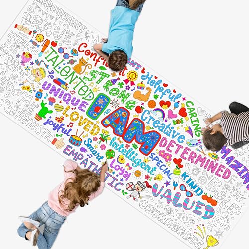 Image of Jumbo Size Coloring Poster, Large Positive Affirmation Coloring Paper, Motivational DIY Painting Drawing Paper Banner /Tablecloth for Kids, Classroom, School, Party Supplies, Wall Decor (75 inch x 31 inch)