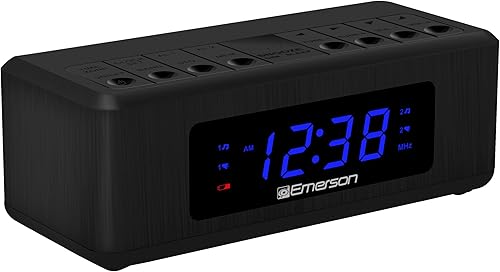 Emerson Radio despertador dual AMFM con pantalla LED azul de 0.6 pulgadas, batería de respaldo, memoria automática, atenuador de 4 niveles y alarma