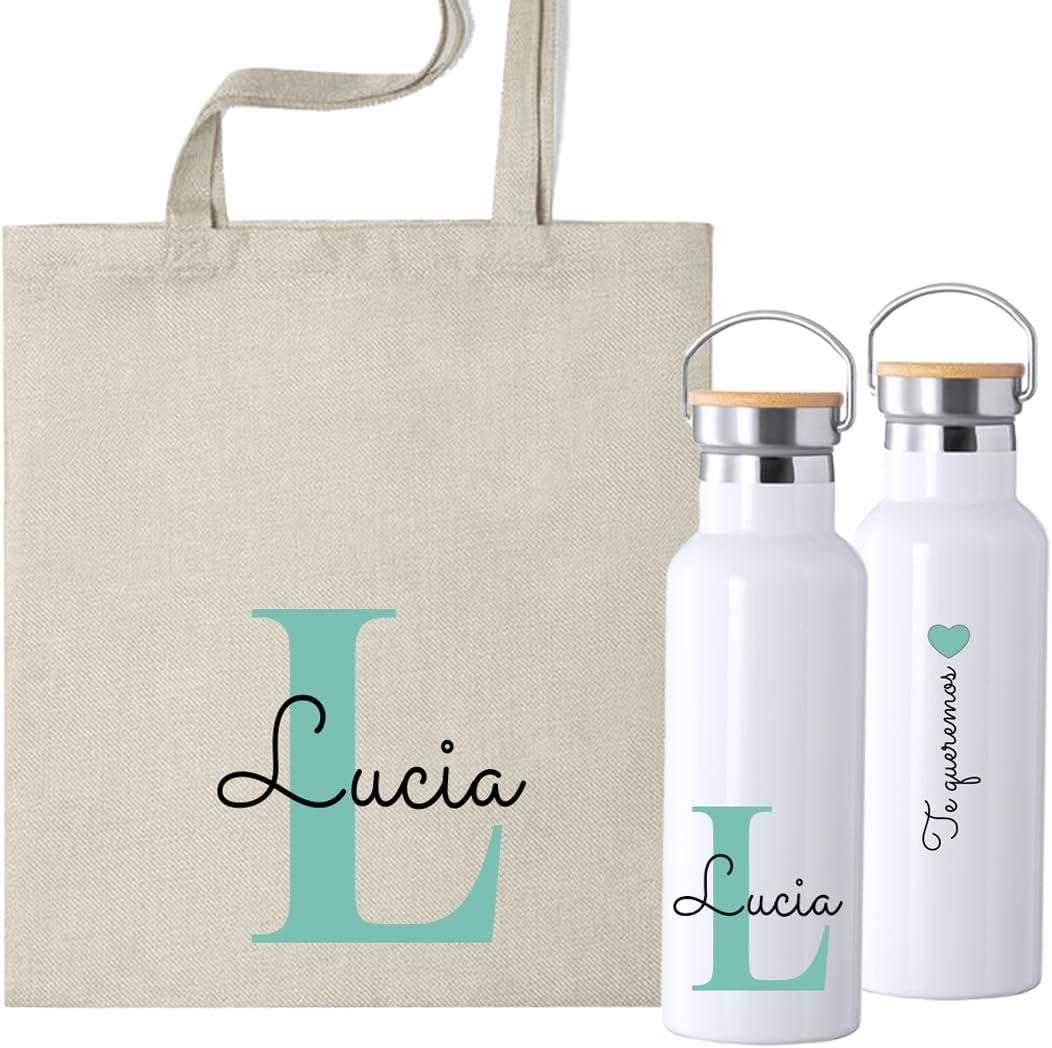 Pack Personalizado con DEDICATORIA Y NOMBRE eh Botella Térmica 500ml y Bolsa de Tela, Diseño con Inicial, Botella Personalizada, regalo profesores