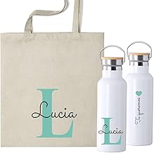 Personalised Pack with Name and Name 500 ml Thermal Bottle and Fabric Bag, Design with Initial, Personalised Bottle, Teachers Gift
