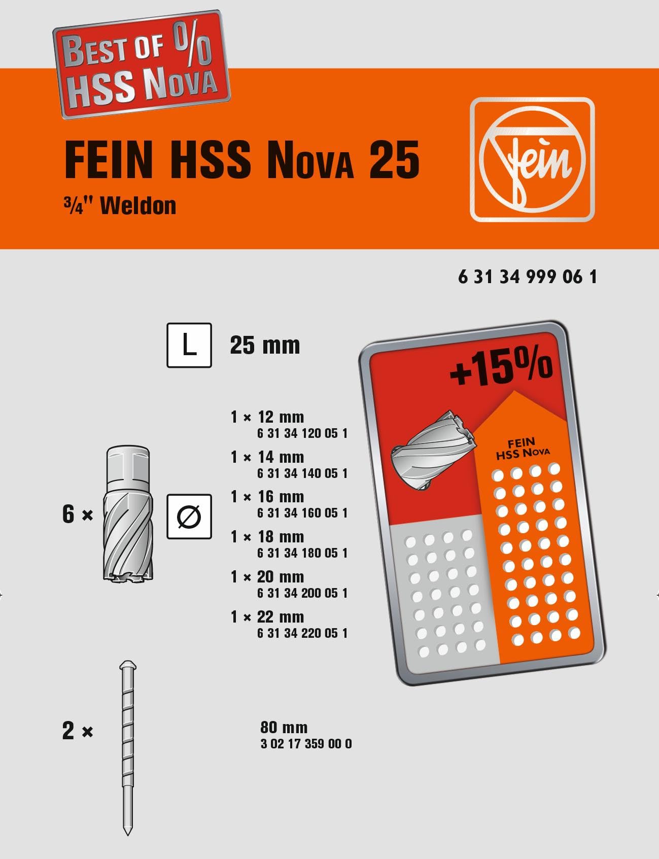 FEIN Best of Weldon HSS 3/4 Core Drill Bit Set - 6 Core Drills Diameter 12, 14, 16, 18, 20 and 22 mm (Cutting Depth 25 mm) and 2 Centring Pins (80 mm) in Plastic Case