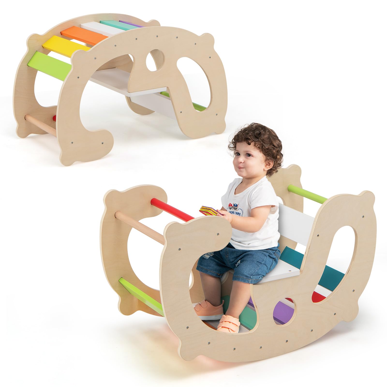 COSTWAY 2 in 1 Arco da Arrampicata per Bambini, Arrampicata ad Arco con Dondolo Schienale e Sedile, Cavallo a Dondolo in Legno per Bambini 1 Anni +
