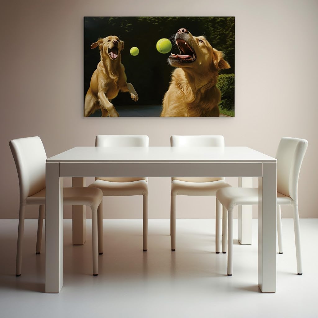 Canvas for Living room. Furry Acrobats in Pursuit: The Joyful Leap for Tennis Balls in Mid-Air, 27 x 18 inch Canvas Wall Art - Ready to Hang