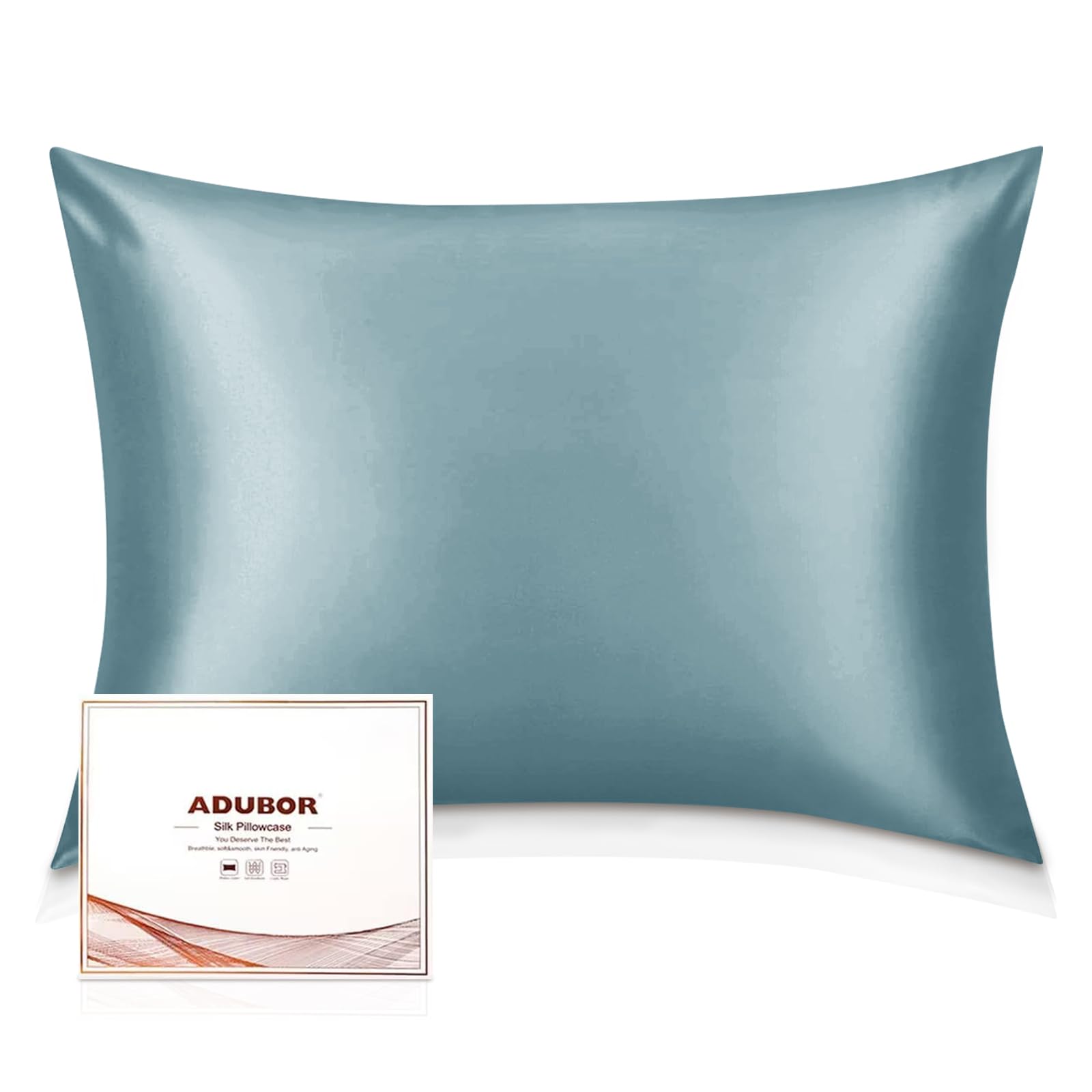 Adubor 100% Silk Pillowcase for Hair and Skin with Hidden Zipper, Both Side 22 Momme Silk,900 Thread Count (20x36inch, Grey Blue, 1pc)