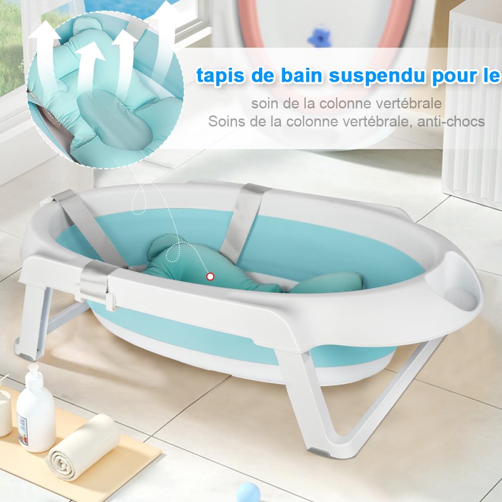 Bañera para bebé con soporte de 84,5 cm, bañera de bebe sobre pie, segura y cómoda, cuenca plegable para bebe con termómetro y cojín de baño (63 x 60 x 84,5 cm, verde)