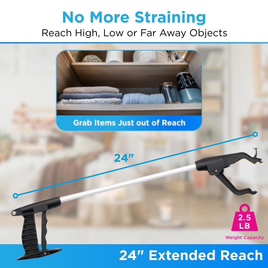 NOVA Reacher Grabber Tool for Seniors – 24” Lightweight Pick Up Stick with Rotating Claw, Magnetic Tip & Hook, Easy-Grip Handle, Daily Living Aid for Limited Mobility, 2-Pack