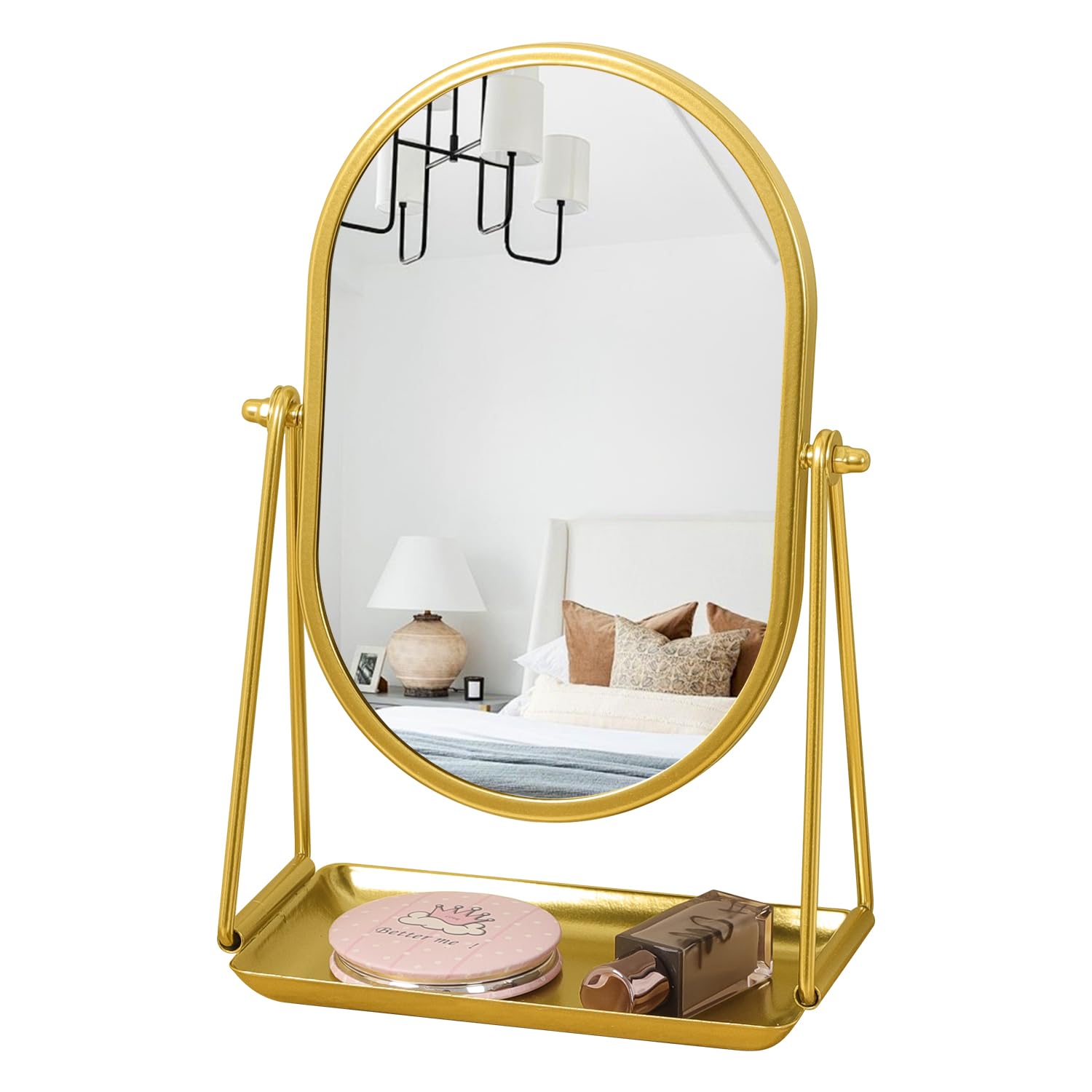 Gosider Oval-Gold Dressing Table Vanity Mirror Golden Oval Desk Makeup Mirror With Tray 360°Adjustable Rotation Metal Framed Standing Mirrors For Dress Table, Living Room, Bedroom, Office, Bathroom