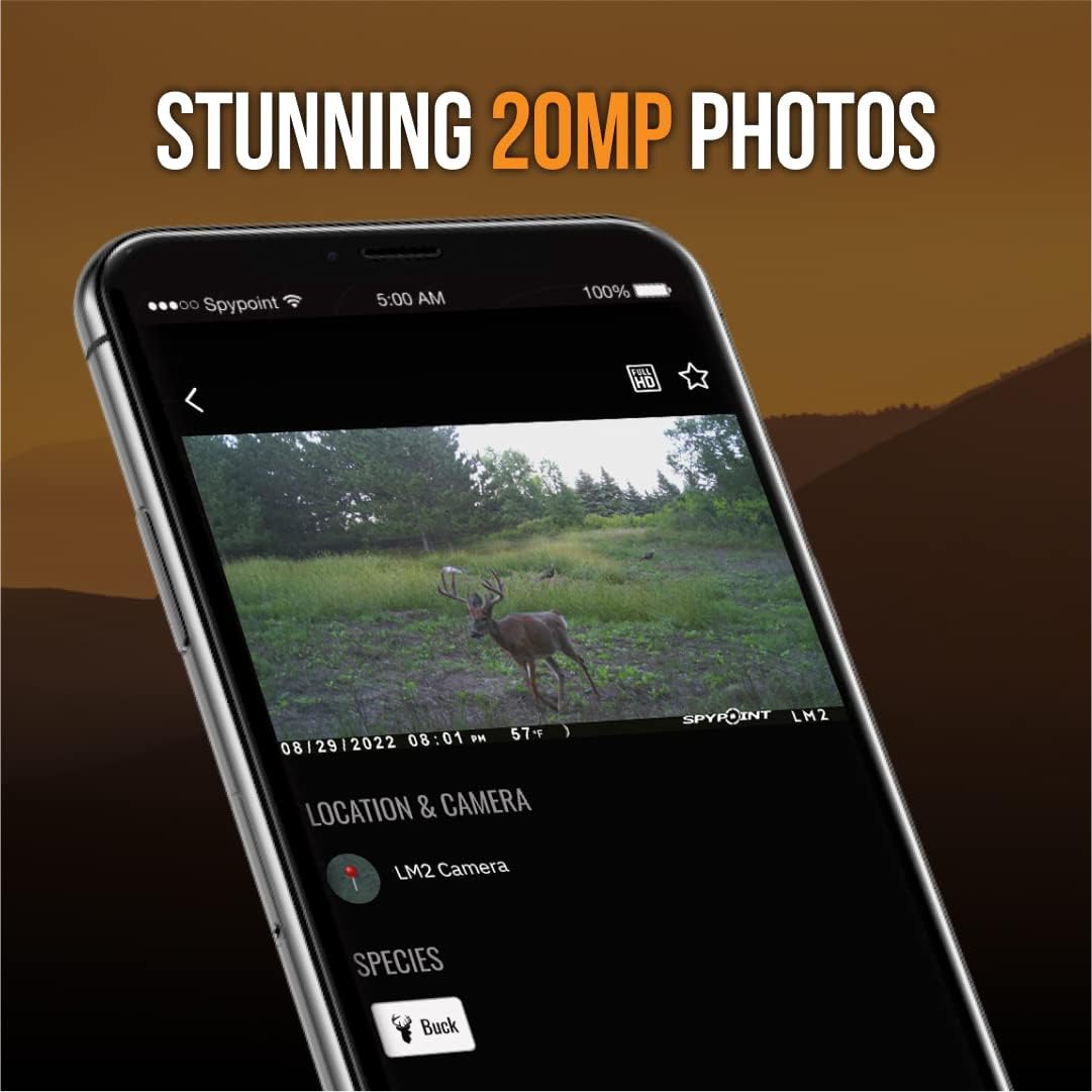 Smartphone screen displaying a high-resolution 20MP photo of a deer captured by the SPYPOINT LM2 camera