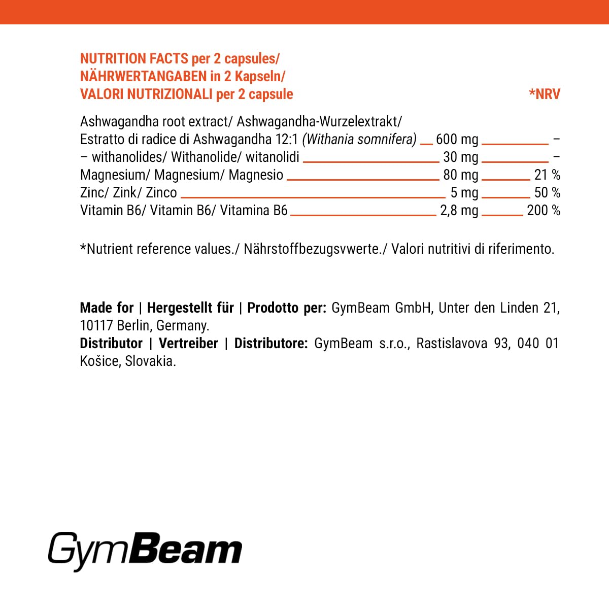 GymBeam Ashwagandha Pro in Capsule, Estratto Vegetale di Ginseng Indiano, Adattogeno per la Salute Mentale e il Sonno, con Magnesio, Zinco e Vitamina B6, Ricco di Withanolidi e KSM-66
