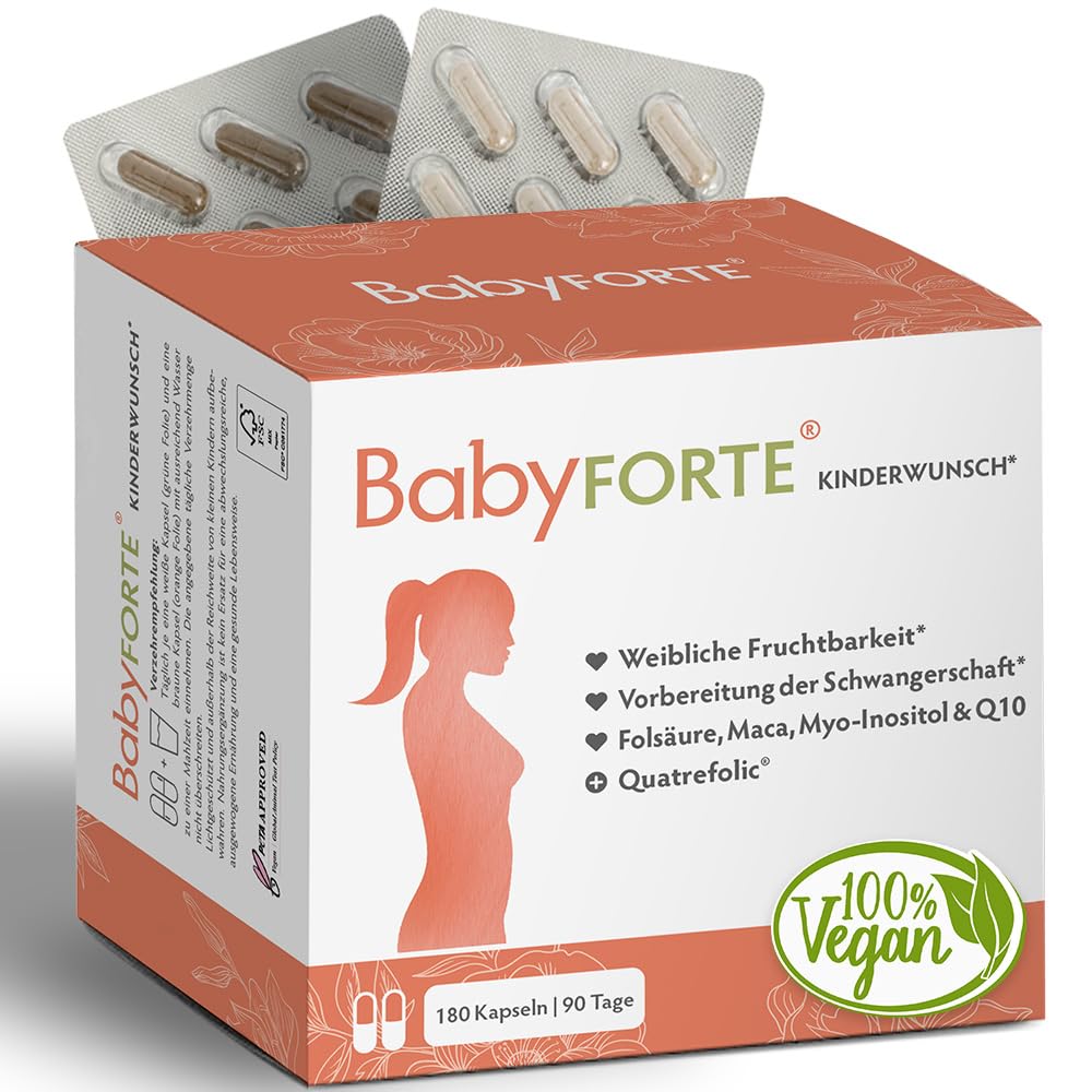 BabyFORTE Kinderwunsch Tabletten | vegan | Folsäure 800 μg, Quatrefolic®, Maca, Inositol, Jod | 180 Kapseln | Vitamine Schwangerschaft