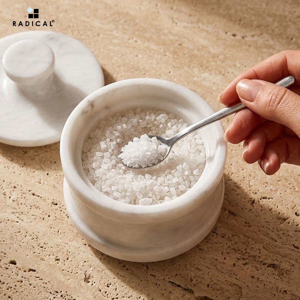 Radicaln Saliera bianca in marmo con coperchio, 8,9 cm, contenitore per condimenti e barattoli per spezie, porta sale in pietra per bancone, barattolo per spezie