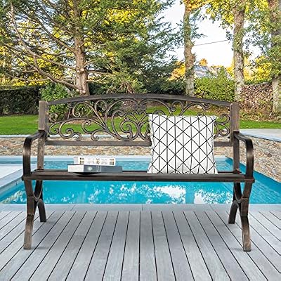 WZONICE98 50" Outdoor Iron Bench with Butterfly Back, Weatherproof Metal Garden Bench for Patio, Park, Front Porch, Entryway, Bronze Finish, 500 lbs Capacity