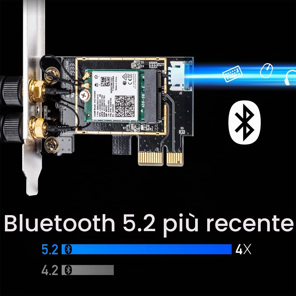 Cudy Nuova scheda PCIe Wireless WiFi 6 PCIe AX3000 per PC, Bluetooth 5.2, AX200, 3000Mbps WiFi 6 velocità, Bluetooth 5.2/5/4.2/4.0, 802.11ax/ac/a/b/g/n, Windows 11, 10, WE3000 V2