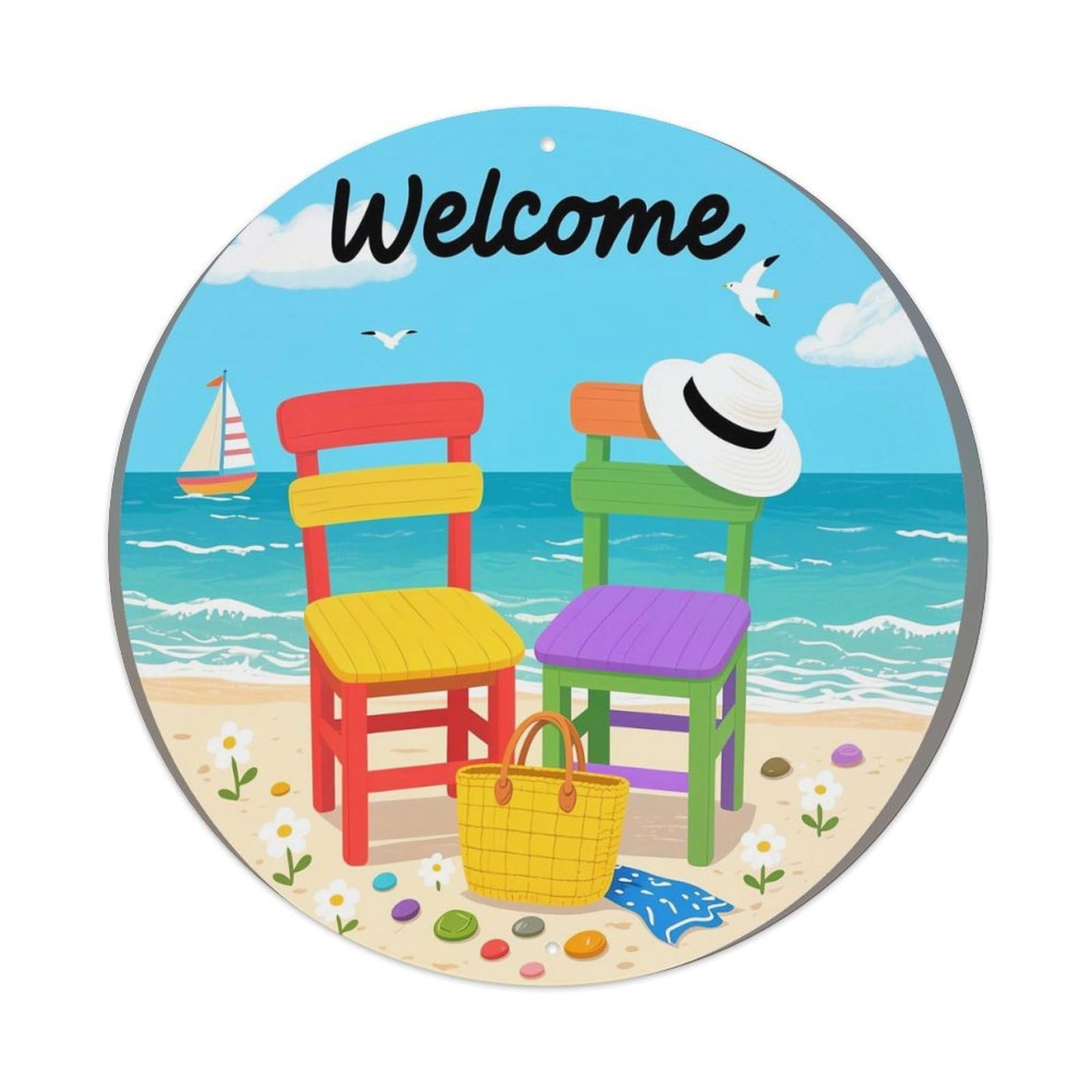 Beach Chairs Hat Sailboat Seagull Metal Tin Sign Plaque