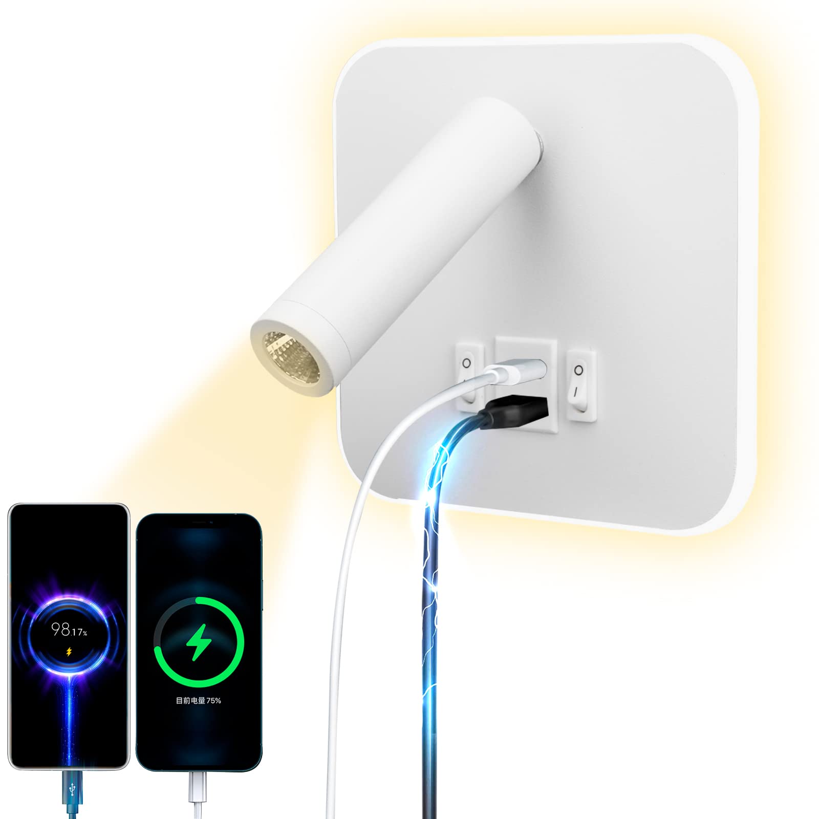 LED Reading Light USB tipo - C Double charge Electric Zut Switch se puede ajustar 12w LED Spotlight 3000k Wall Light Aluminium Bed Light se puede girar (Blanco cuadrado)