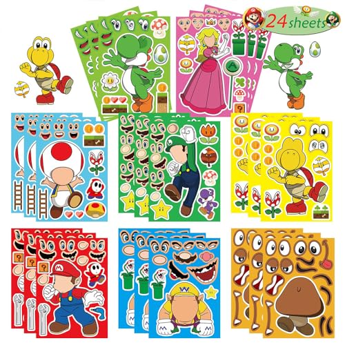 Mario Make-a-face Stickers for Kids(24 Sheets) Make Your Own Stickers Fun Craft Project for Kids, Mixed and Matched with 8 Designs Characters Stickers for Party Decoration