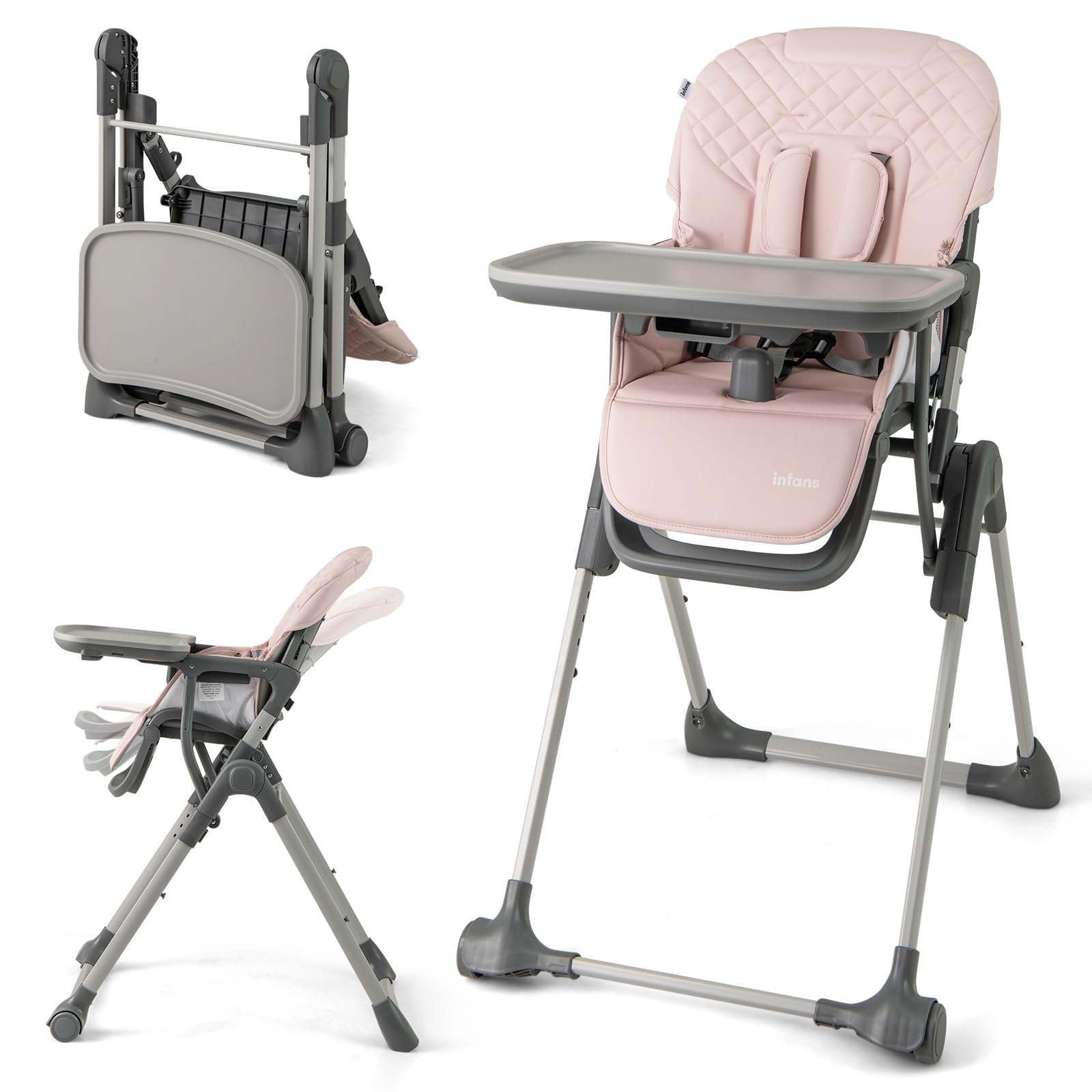 INFANS Baby High Chair, Convertible Quick Folding Portable Highchair for Babies and Toddlers with Adjustable Height Backrest Footrest 2 Wheels