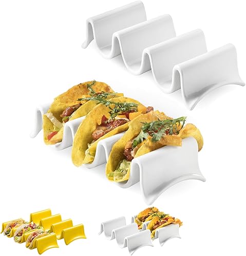 Juego de 2 soportes para tacos, bandeja grande de porcelana para tacos con asas, platos reutilizables y apilables, perfectos para burritos y