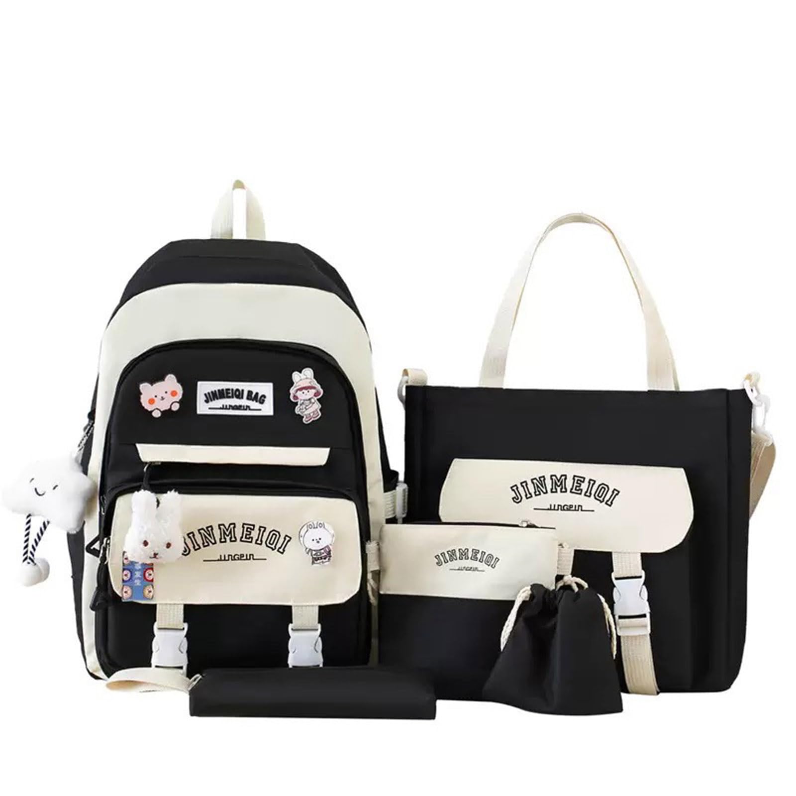 Feigujin 5Pcs Kawaii Cute Backpacks Combo Set with Bear Pendant Pins Patchwork Japanese Aesthetic Anime Bunny Daypack Bag Kit (Black)