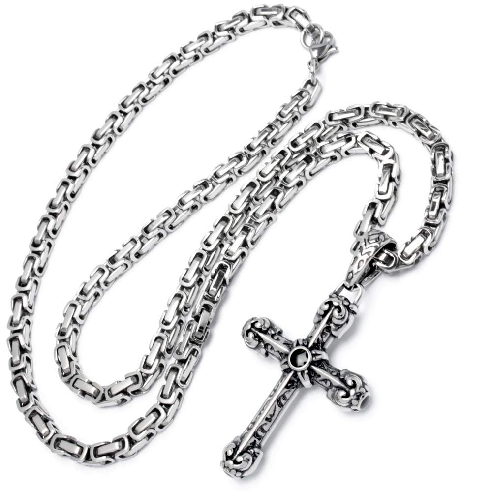 Verzierter Kreuzanhänger aus Edelstahl silber schwarz Königskette Biker Herrenschmuck Gothic Kreuz Männer Geschenk