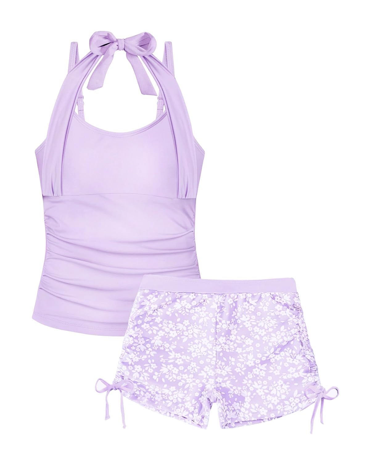 Costume da bagno da bambina con reggiseno imbottito, 7-15 anni, due pezzi con coulisse allacciato al collo, costume da bagno tankini con pantaloncini per bambini