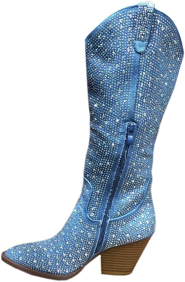 ABSOLEX Women Western Cowgirl Cowboy Pointed Toe Rhinestone Knee High Boots - 第 49/64 張圖片