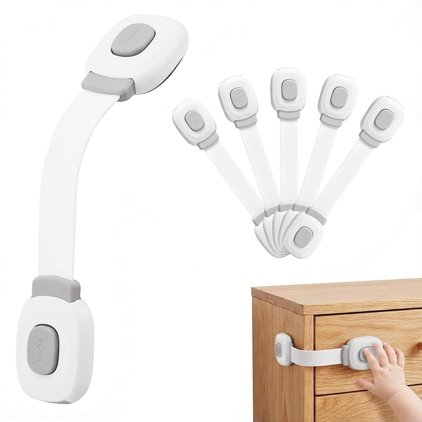 BillyBath Chiusure di Sicurezza per Bambini 6 Pezzi, Blocca Cassetti Credenza Frigo Toilette, Nessun Trapano Necessarioc, grigio