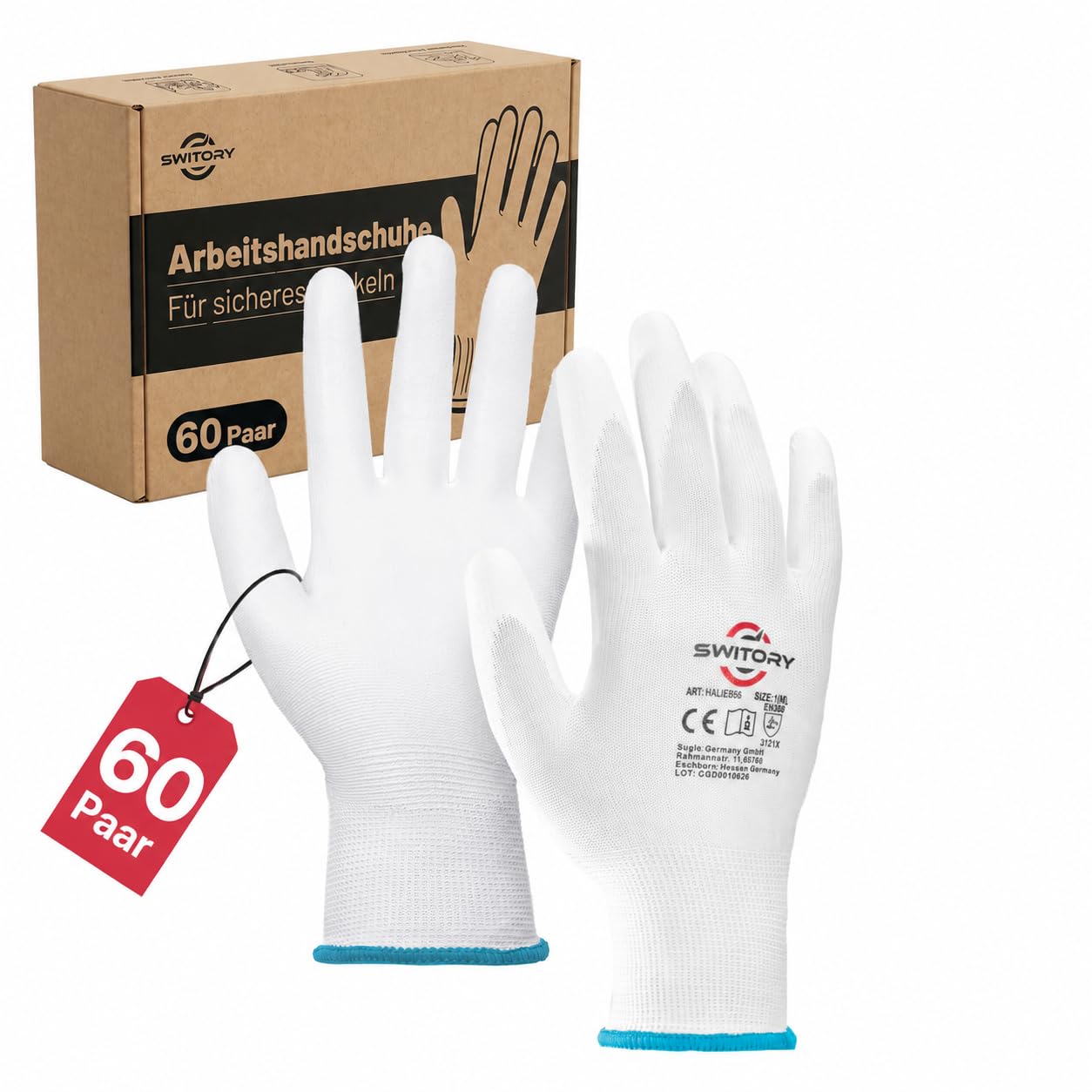 Switory Weiß Arbeitshandschuhe Herren, Handschuhe Arbeit XL/10, 60 Paar