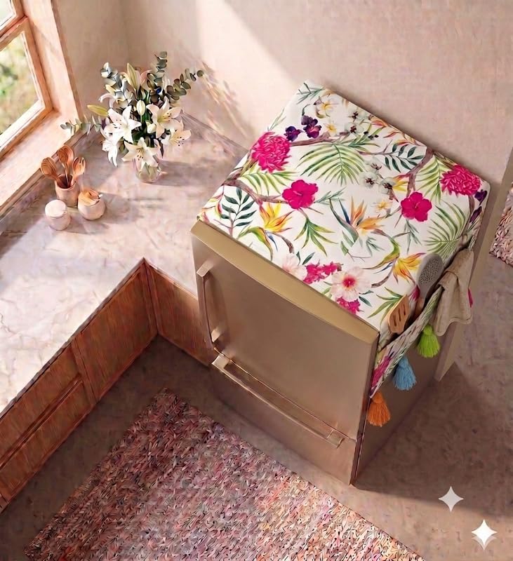 Image of Double Door Fridge Cover 250-400L | 450 GSM Durable Fridge Top Cover with Tassels & Pockets | Fits Godrej, LG, Haier, Samsung Models | Dustproof Refrigerator Cover in Floral | WWW.THROWPILLOW.IN