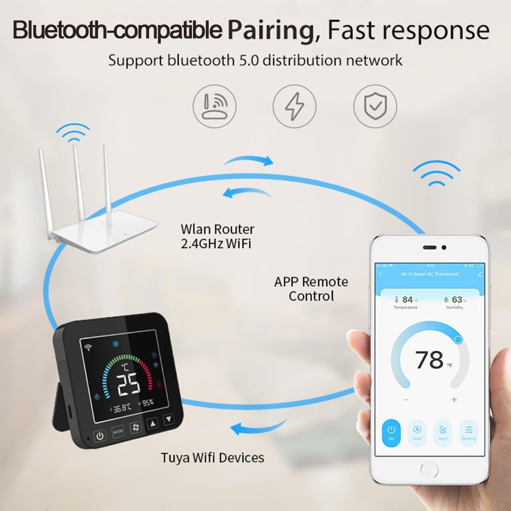 per Tuya, termostato WiFi, controllo intelligente della temperatura, regolazione della temperatura a distanza, display LCD, controllo IR a infrarossi, compatibile con la maggior parte delle marche
