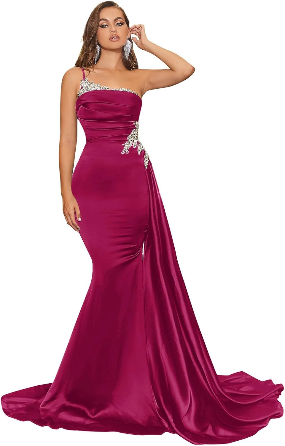 OFEECHUN Mermaid Satin Prom Dresses for Women One Shoulder Ruched Beaded Long Formal Evening Gown