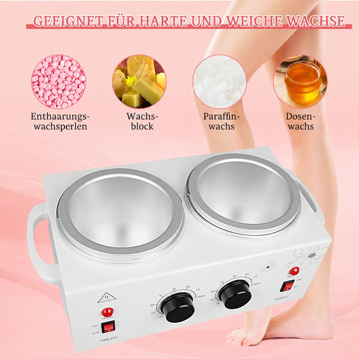 Waxing Set Wachsmaschine für Zuhause, Doppel Wachswärmer mit 1200 ml Kapazität, Warmwachs Gerät mit Holzspateln und Schutzringen, Wachs Erhitzer für Frauen und Männer