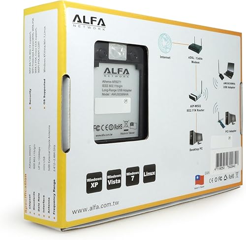 Miniatura 5 de Alfa AWUS036NHA BGN Adaptador USBinalámbrico 80211n150Mbps24GHz5dBi AntenaLargo AlcanceAtheros ChipsetCompatible con Windows XPVista 64-bit128-bit