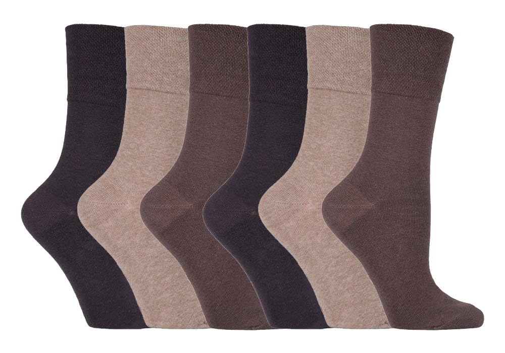 Iomi Women's Brown Footnurse - 6 Pair Multipack Non Elastic Diabetic Socks With Gentle Grip Wide Top 4-8 (4-8, )