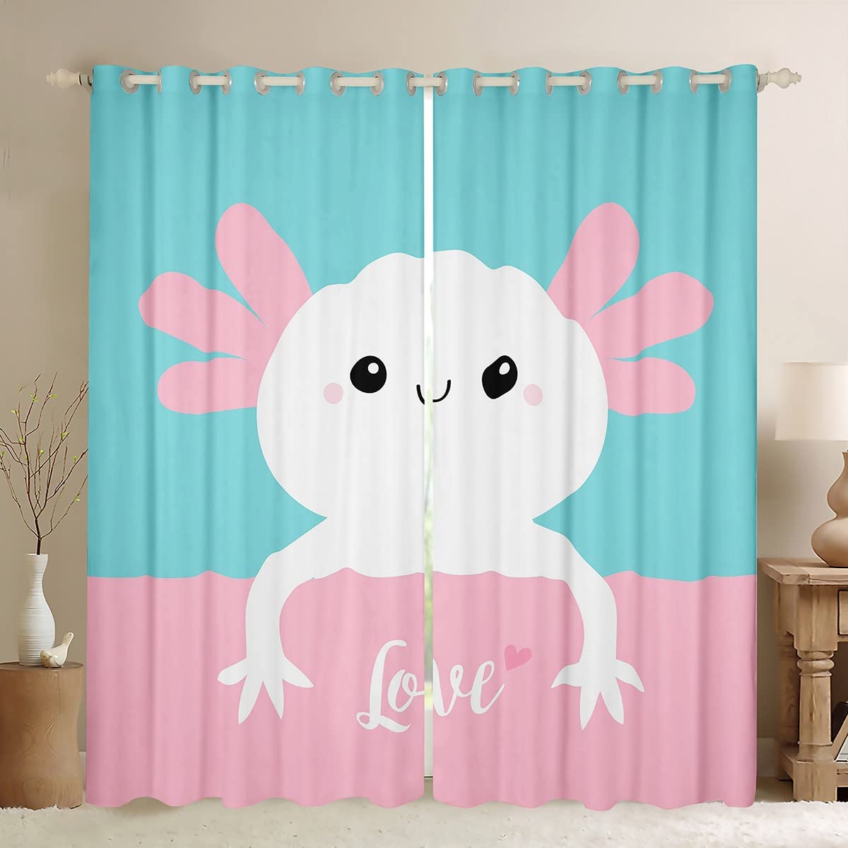 Loussiesd Axolotl Curtain for Bedroom Children Kawaii Axolotl Darkening Window Drapes 3D Animals Blue Pink Blackout CurtainsSalamander Pink Window Treatments W66*L72