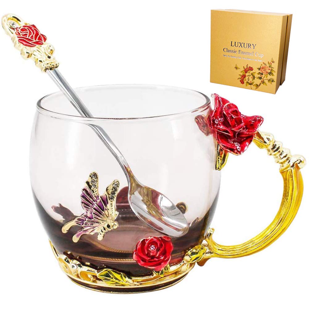 Weierken Tea Cup Coffee Mug Cups, Mother's Day Gifts, Hand Blown Crystal Glass Coffee Cup 11 oz Ideal for Friend Wedding Anniversary Christmas New Year Thanksgiving Birthday Presents