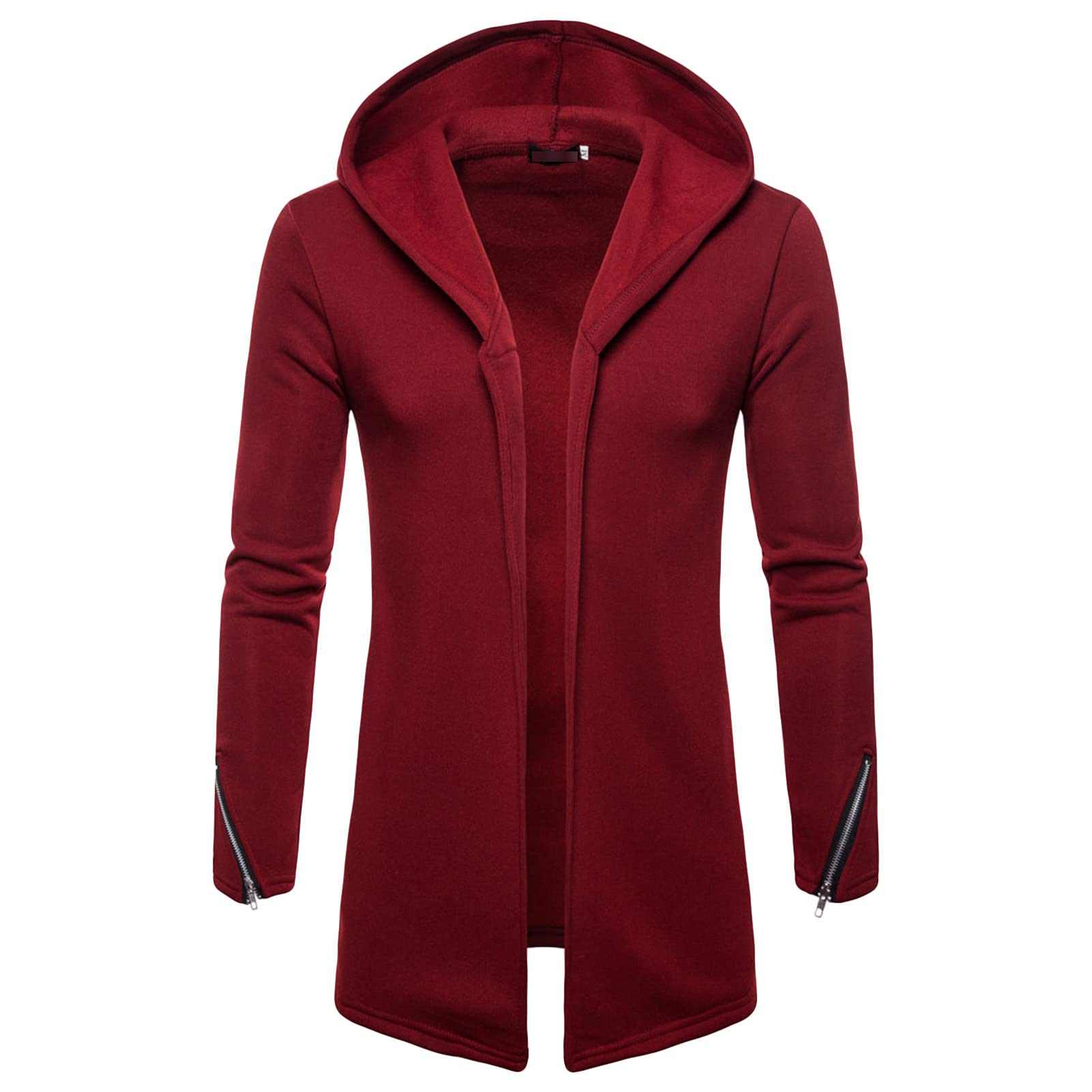 Maiyifu-GJ Men's Long Open Front Cardigan Lightweight Longline Fleece Hooded Cardigan Solid Zip Long Sleeve Coat Outwear (Red,XX-Large)