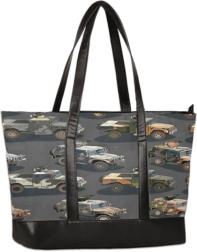 Cartoon Military Vehicle Pattern Canvas Computer Bag for Women, 15.6 Inch Laptop Tote Bag with Leather Handle, Large Capacity Shoulder Work Bag for