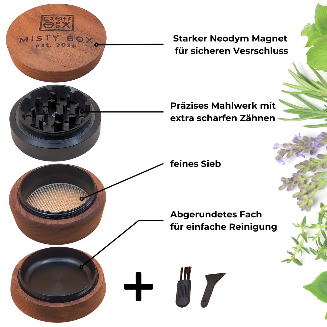 Premium Grinder, 4-teiliger Crusher aus edlem Holz | robuster und langlebiger 67mm Holzgrinder | ideal als Geschenk